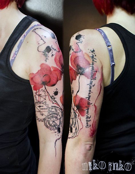Red Flowers Tattoo Womens Half Sleeve