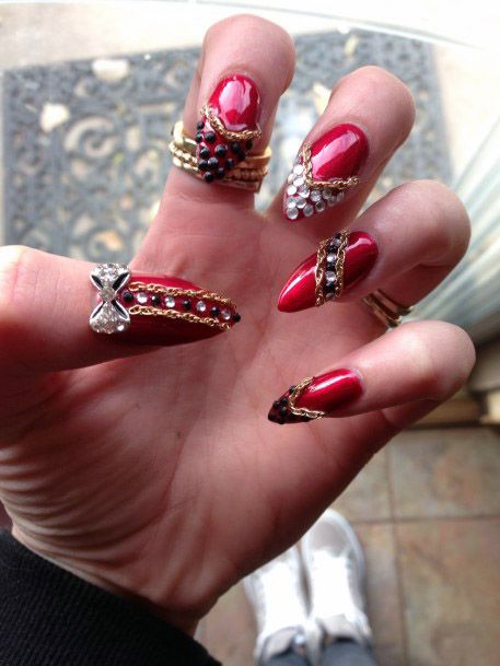 Red Gemmed Nails With Diamonds Women