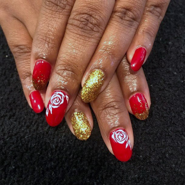 Red Gold Nails With White Rose Art Women