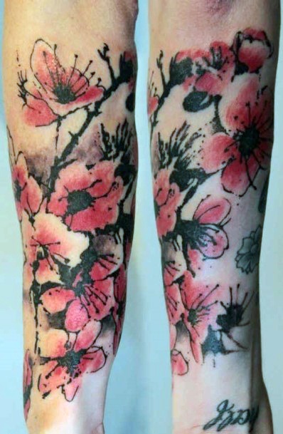 Red Grey Cherry Blossom Tattoo For Women