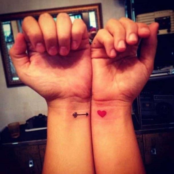 Red Heart And Cute Love Arrow Couples Tattoo Wrist