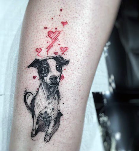 Red Hearts And Dog Tattoo For Women