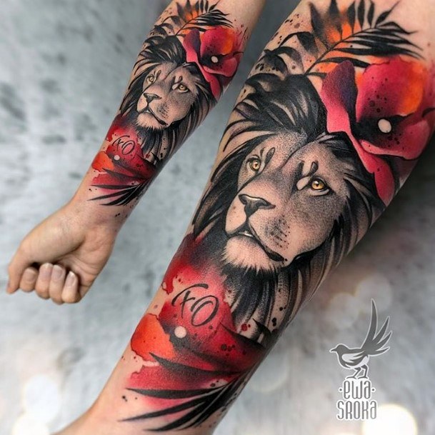 Red Hibiscus And Lion Tattoo Replica On Arms And Legs Women