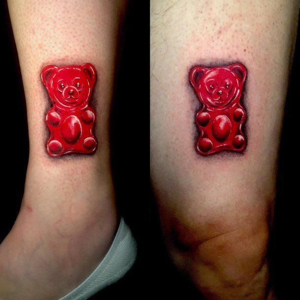 Red Ink Leg Feminine Gummy Bear Tattoo Designs For Women