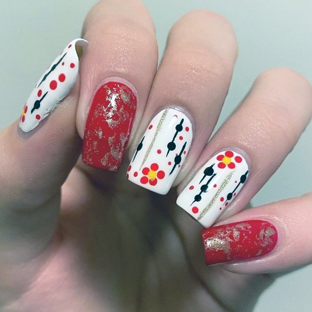 Red Nail Idea With Silver Foil And White Art For Women