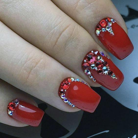 Red Nails With Diamonds Women