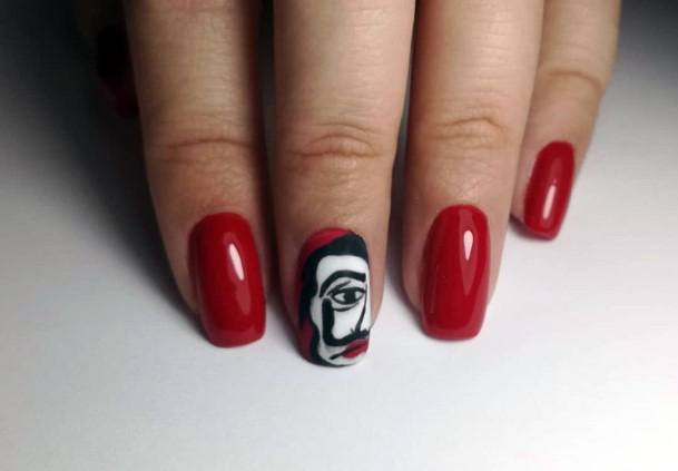 Red Nails With Face Print Women