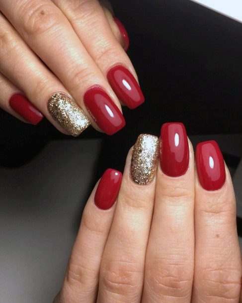 Red Nails With Gold Accent Women