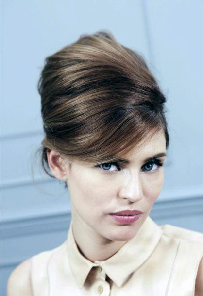 Red Or Brunette Beehive Hairstyle With Side Bangs For Women