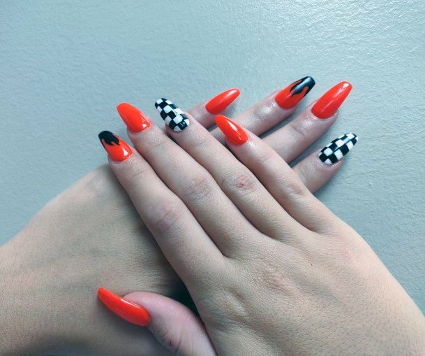 Red Orange Nails With Chessboard For Women