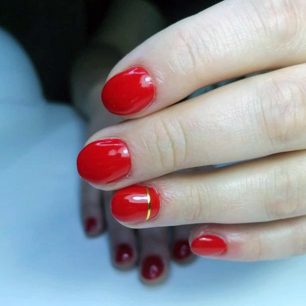 Red Orange Nails With Golden Ribbon Streak For Women