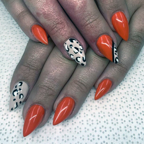 Red Orange Nails With Panther Prints Accent For Women