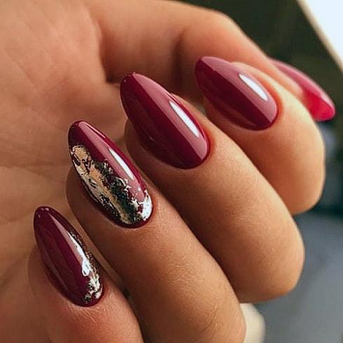 Red Painted Almond Nails With Silver Foil Women