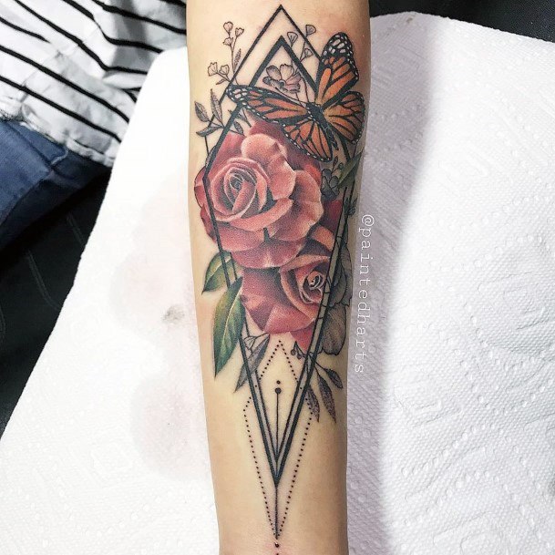 Red Rose Tattoo On Geometric Frame Tattoo Womens Hands