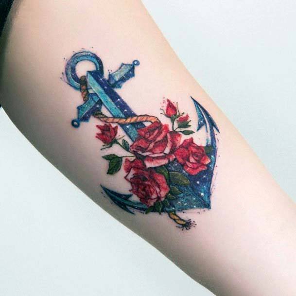 Red Roses And Anchor Tattoo Womens Hands