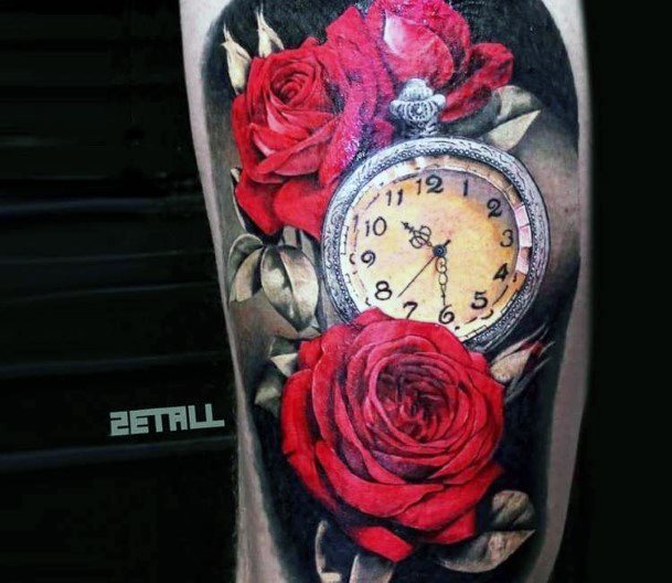 Red Roses And Clock Tattoo Womens Arms