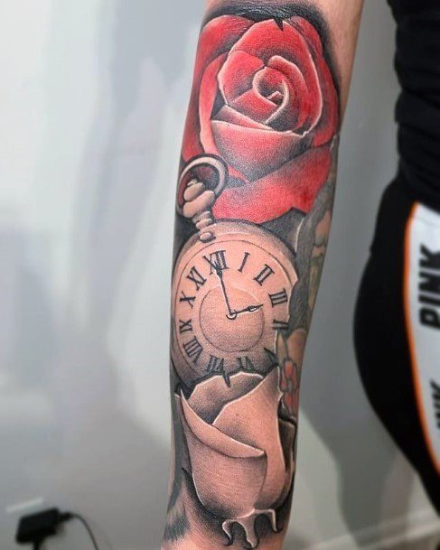 Red Roses And Clock Tattoo Womens Hands