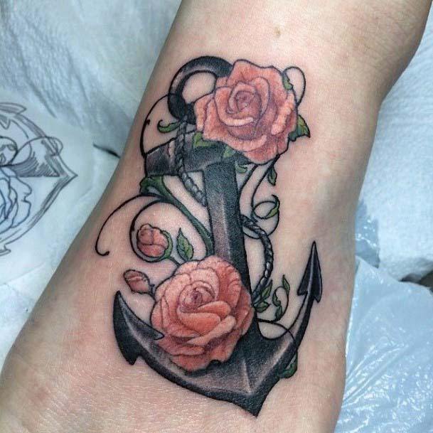 Red Roses And Gray Anchor Tattoo Womes Ankles