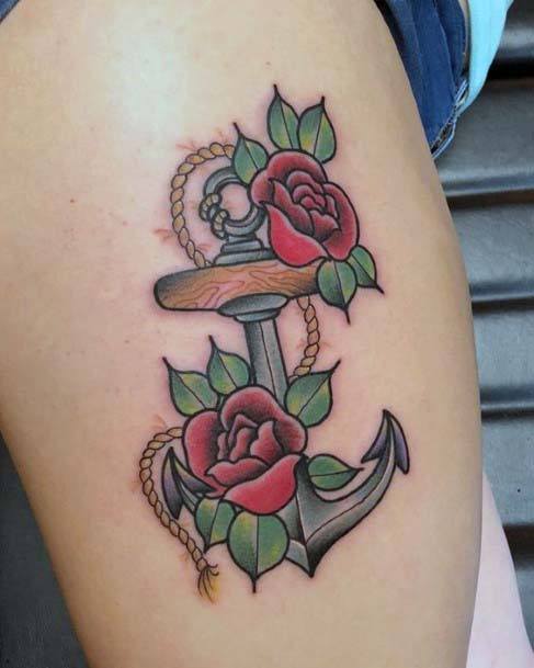 Red Roses And Roped Anchor Tattoo Women