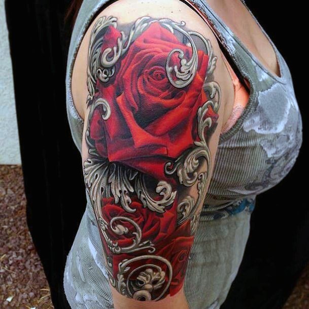 Red Roses Bright Tattoo Womens Half Sleeve Design