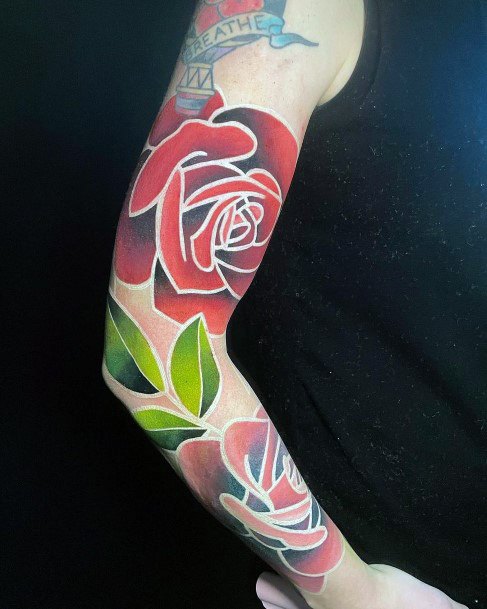 Red Roses With White Ink Border Tattoo Womens Full Sleeves