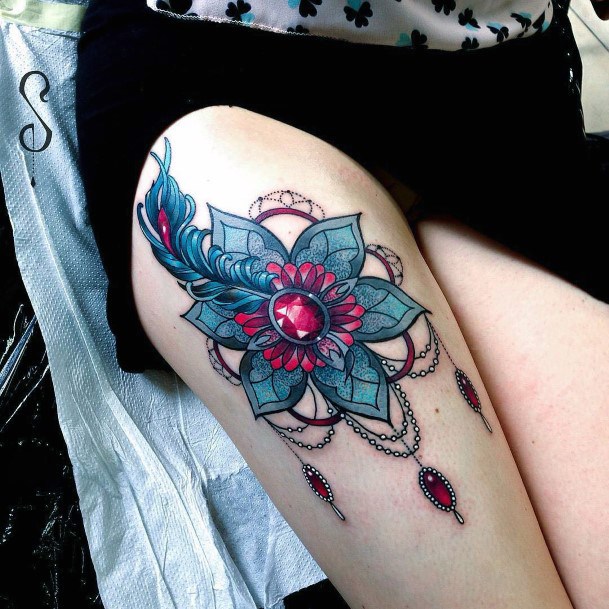 Red Ruby And Blue Flower Thigh Tattoo Women