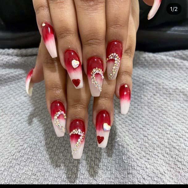 Red White Ombre And Hearts Beautiful Nails With Crystal On Woman