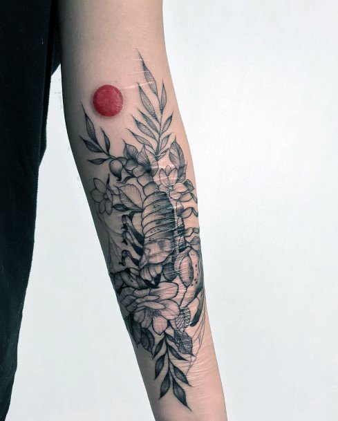 Reddish Sun And Scorpion Tattoo With Leaves Womens Hands