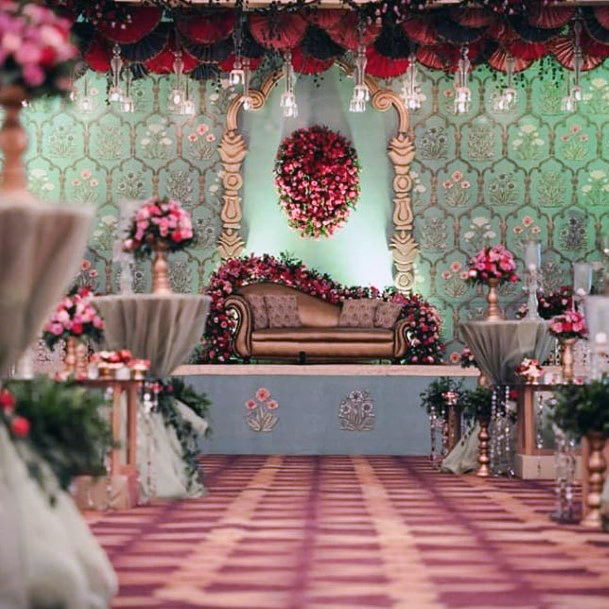 Reddish Theme Floral Wedding Stage Decorations