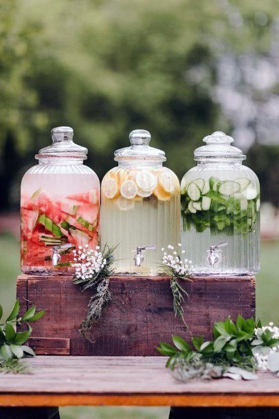 Refreshing Strawberry Lemon Cucumber Mint Outdoor Water Bar For Weddings