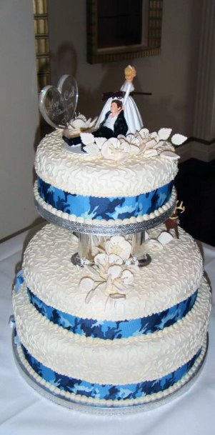 Regal Blue And White Romantic Camo Wedding Cake