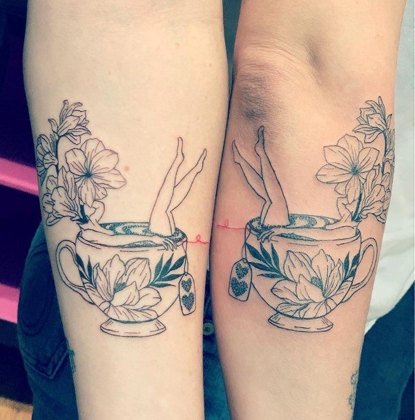 Relaxing In Tea Cup Tattoo Womens Legs Best Friends