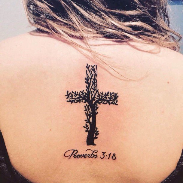 Relgious Cross With Verse Tattoo Back Women