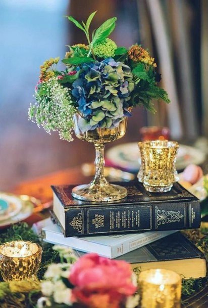 Remarkable Greenery Blue Plant Stacked Books Table Decoration Inspiration Wedding Design