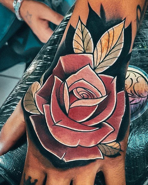 Remarkable Womens Neo Traditional Colorfulk Rose Hand Tattoo Ideas