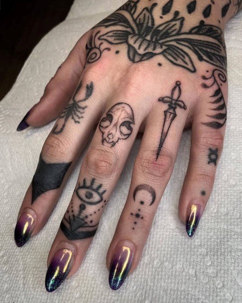 Revolting Skull Dagger And Ilumnati Eye Tattoo Womens Hands