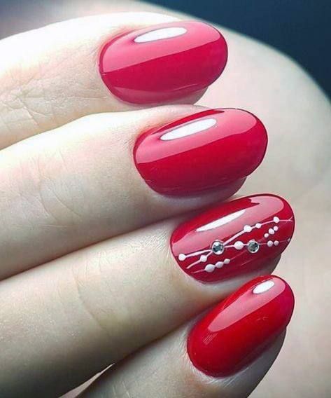 Rhinestone Art On Bright Red Nails For Women