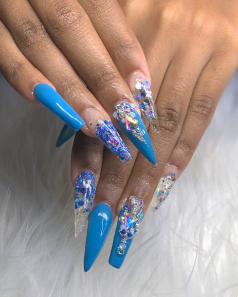 Rhinestone Art On Light Blue Nails Women