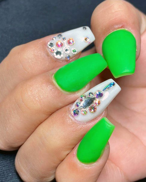 Rhinestone Bling Decorated Neon Green Nails