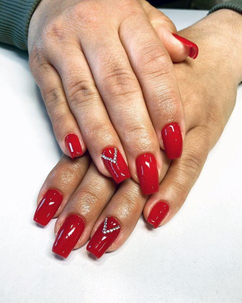 Rhinestone Sticker On Red Nails Women