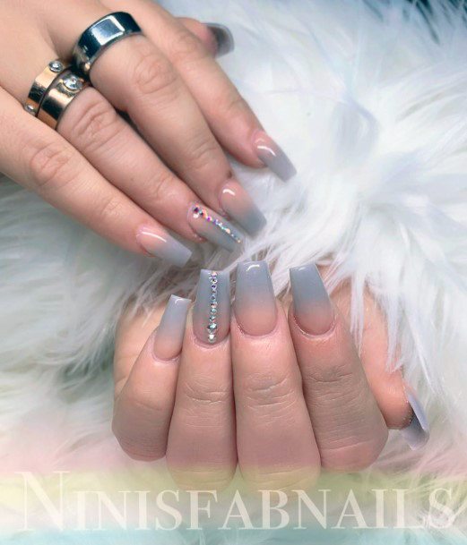 Rhinestones Design Grey Ombre Nails