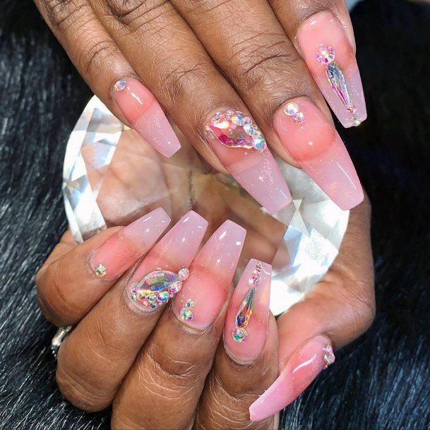 Rhinestones On Clear Pink Nails Women