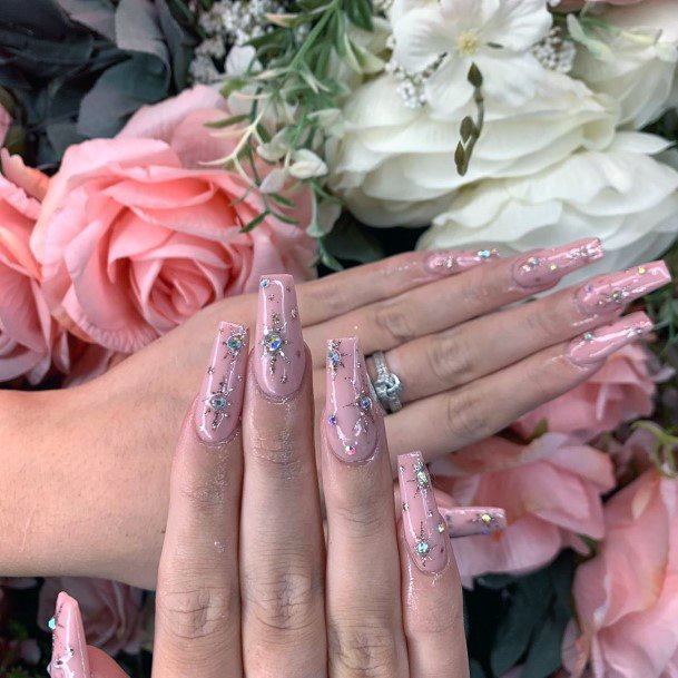 Rhinestones On Light Pink November Nails