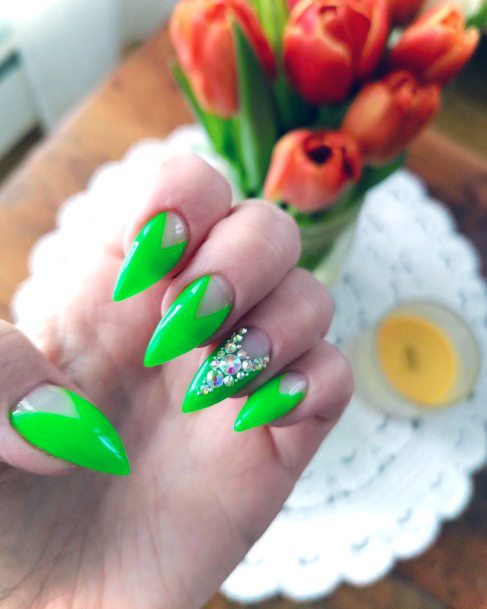 Rhinestones On Neon Green Nail Design