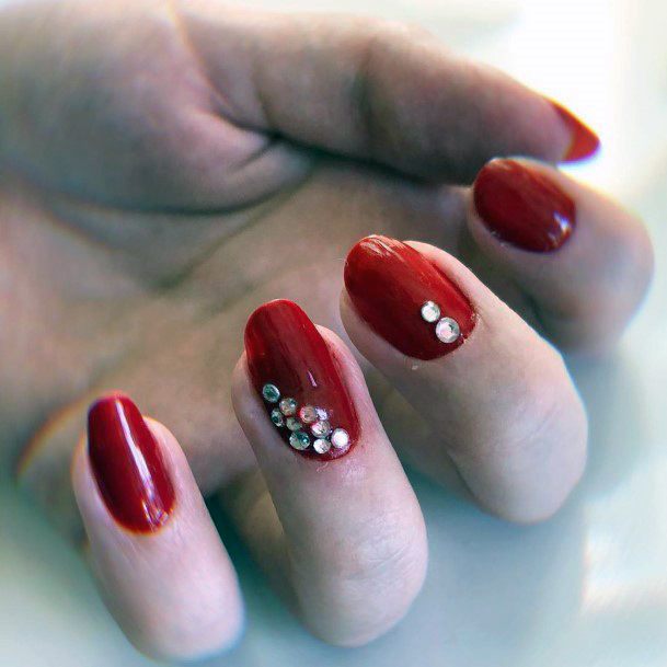 Rhinestones On Short Red Nails For Women