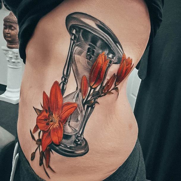 Rib Cage Side Good Hourglass Tattoos For Women With Flowers