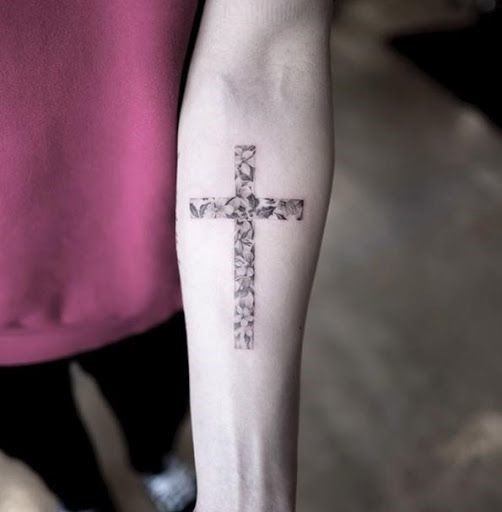 Ribboned Cross Tattoo Womens Forearms