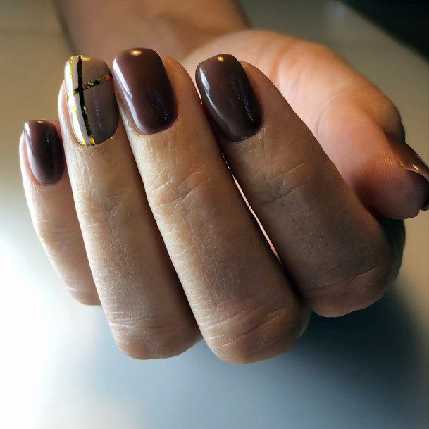 Rich Chocolate Brown Nails With Golden Line Art For Women