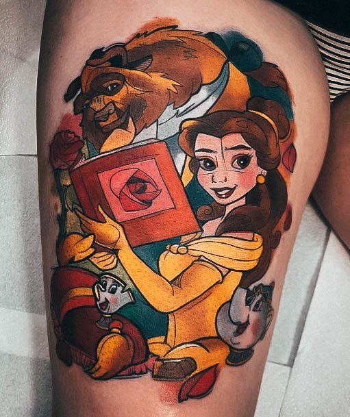 Rich Color Thigh Girls Tattoos With Beauty And The Beast