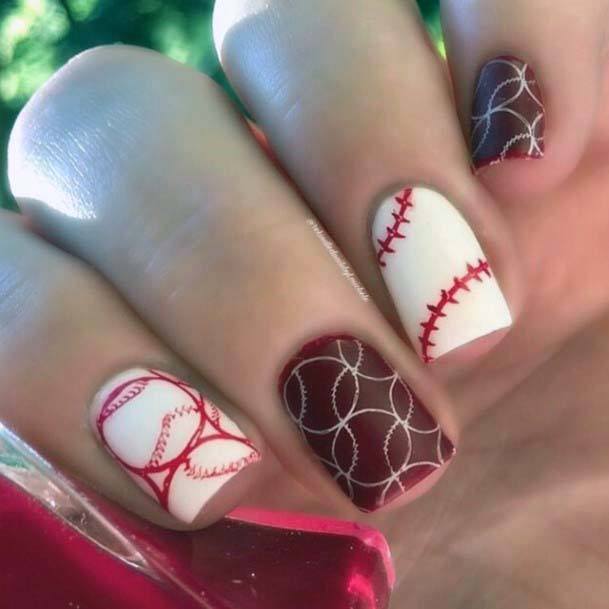 Rich Maroon And White Sport Nails For Women